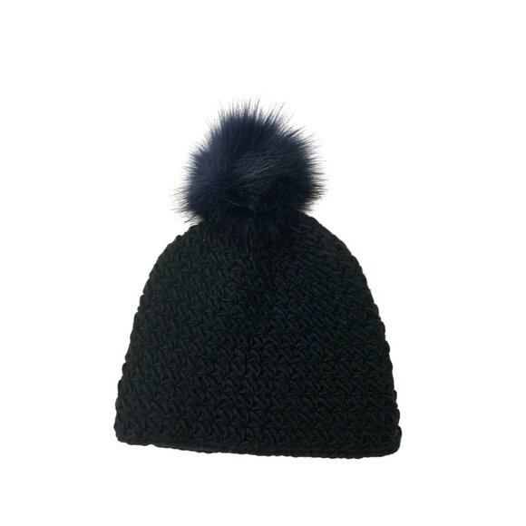 Surell Hand-Knit Black Beanie With Midnight Blue Faux Fox Fur Pom Pom - Picture 1 of 4